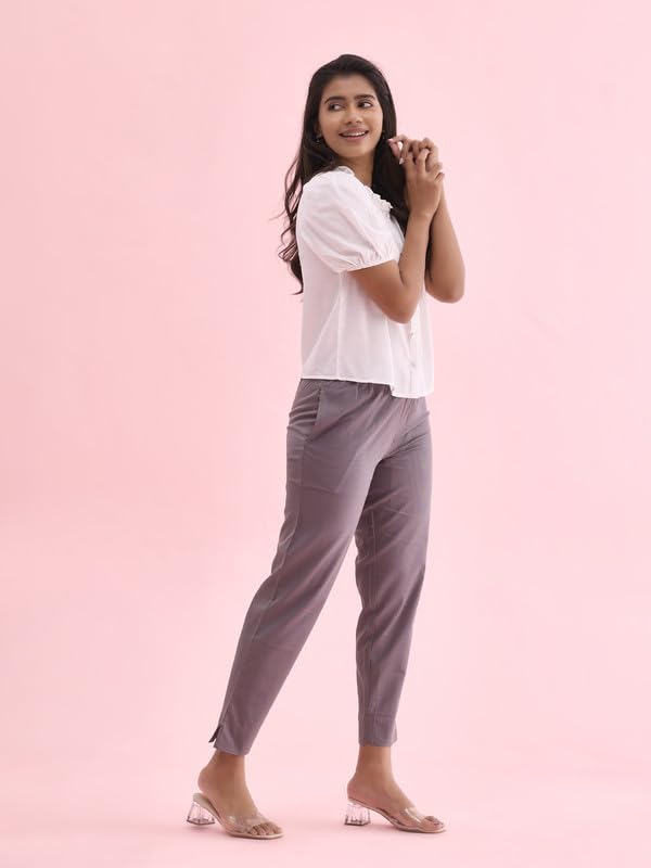 GO COLORS Women Solid Medium Grey MID Rise Relaxed fit Cotton Pencil Pant