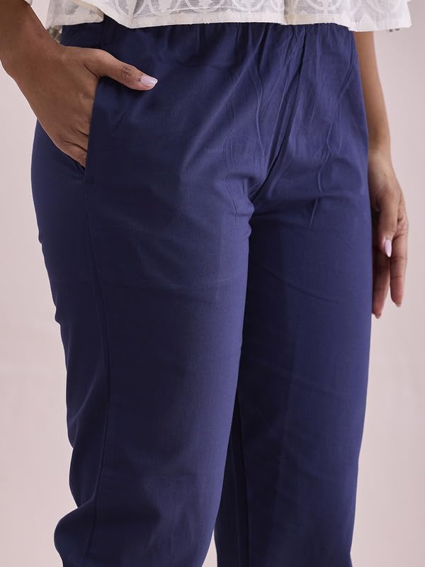 GO COLORS Women Solid Navy Cotton Pencil Pant
