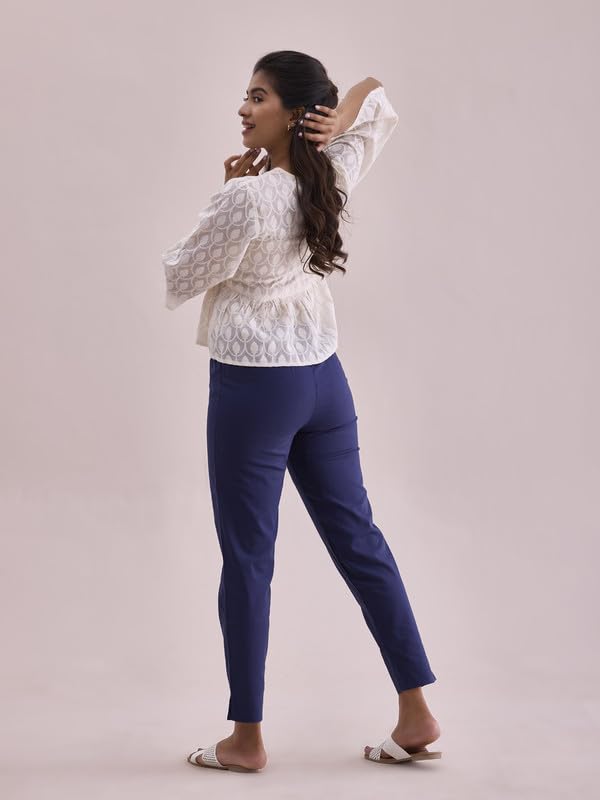 GO COLORS Women Solid Navy Cotton Pencil Pant