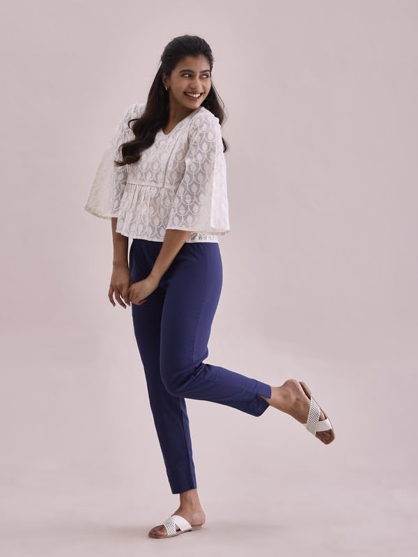 GO COLORS Women Solid Navy Cotton Pencil Pant