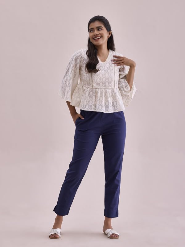 GO COLORS Women Solid Navy Cotton Pencil Pant