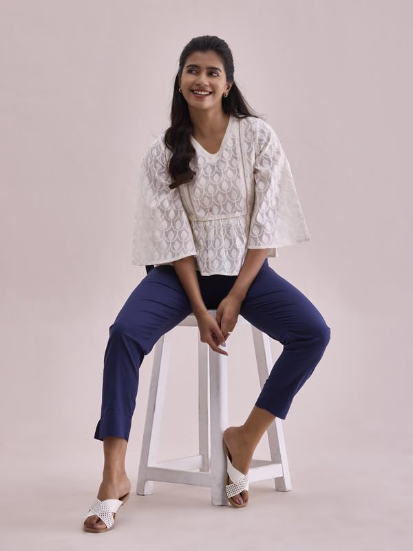 GO COLORS Women Solid Navy Cotton Pencil Pant