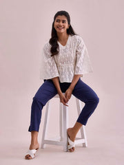 GO COLORS Women Solid Navy Cotton Pencil Pant