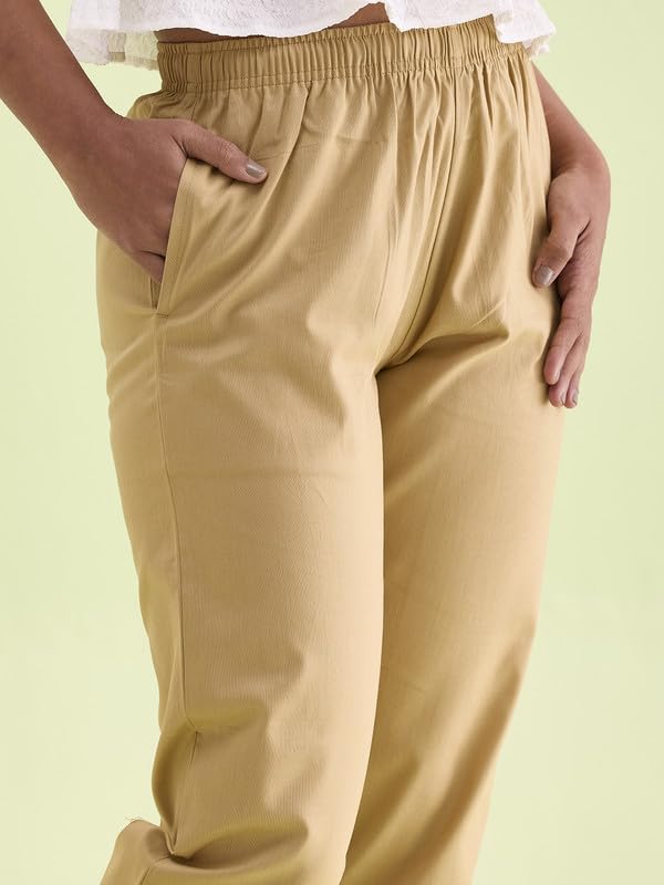 GO COLORS Women Solid Wheat Cotton Pencil Pant