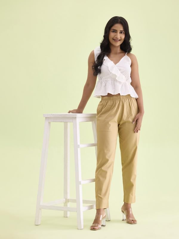 GO COLORS Women Solid Wheat Cotton Pencil Pant