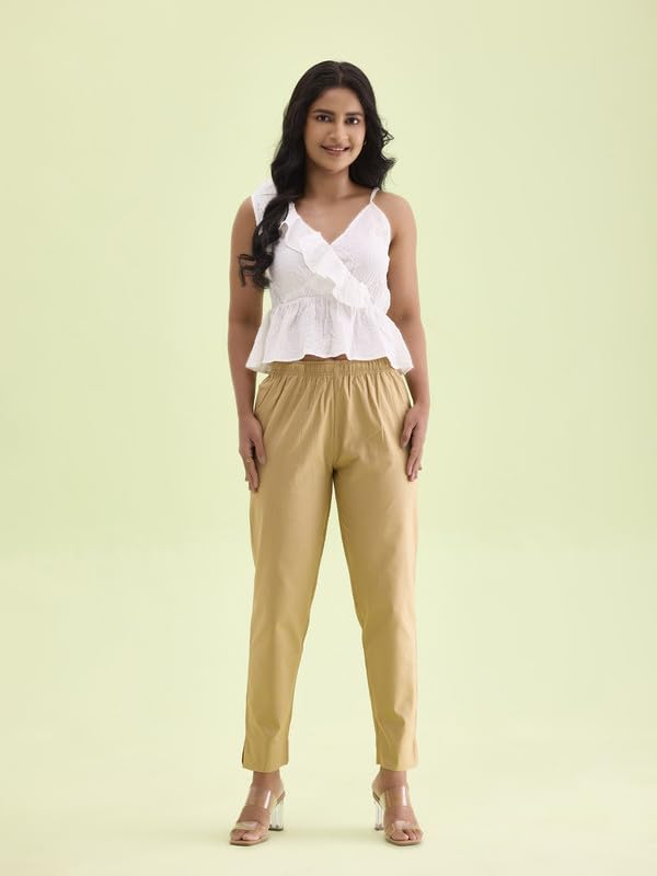 GO COLORS Women Solid Wheat Cotton Pencil Pant