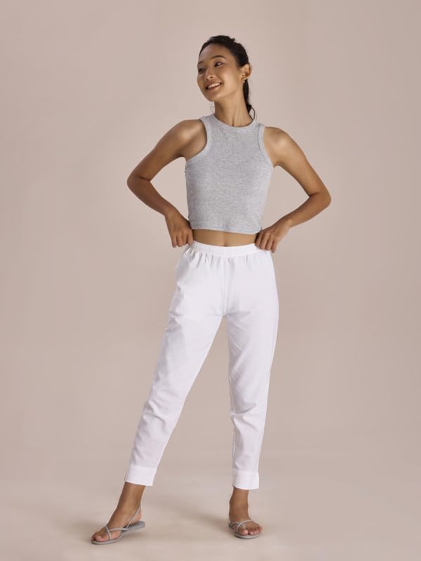 Go Colors Linen Pencil Pant Full Length for Women| Breathable, Mid Rise, Black_8905344168008_White_2XL