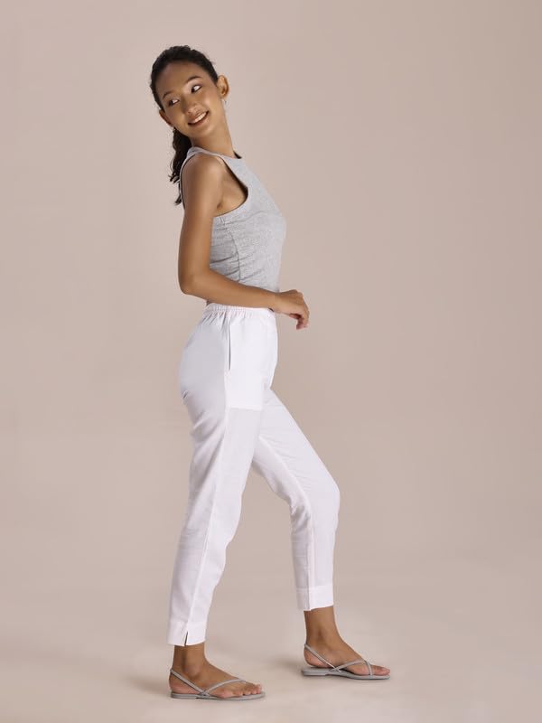 Go Colors Linen Pencil Pant Full Length for Women| Breathable, Mid Rise, Black_8905344168008_White_2XL