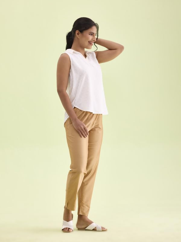 Go Colors Modal Spandex Metallic Pants Full Length for Women| Lightweight, Mid Rise, Antique Gold (2 Side Pockets)_LT09-ANT GLD116-L_Gold_L
