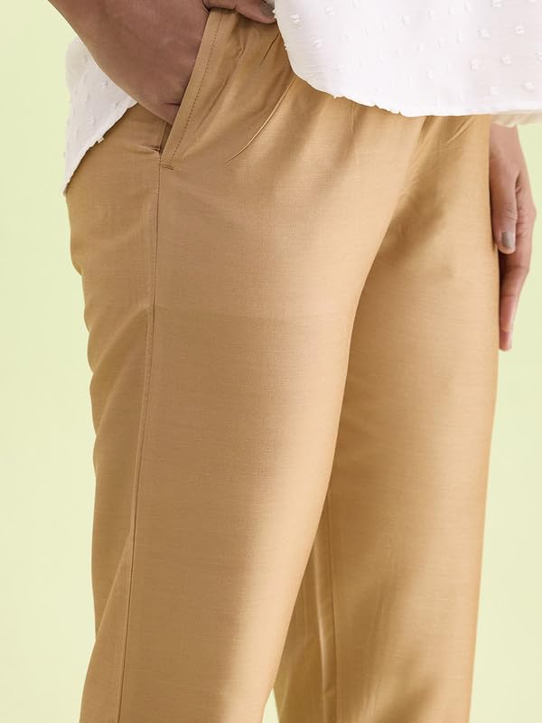 Go Colors Modal Spandex Metallic Pants Full Length for Women| Lightweight, Mid Rise, Antique Gold (2 Side Pockets)_LT09-ANT GLD116-XL_Gold_XL