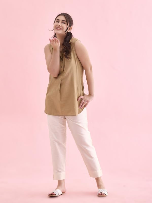 GO COLORS Women Cream Mid Rise Tapered Fit Modal Metallic Pant