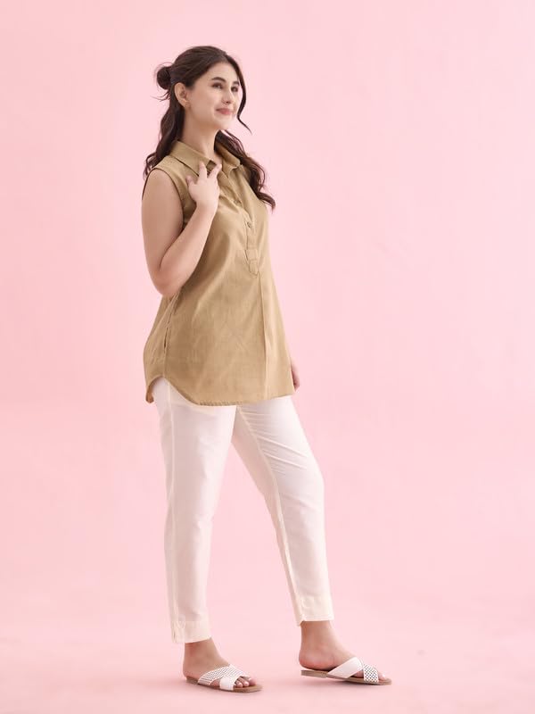 GO COLORS Women Cream Mid Rise Tapered Fit Modal Metallic Pant