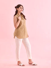 GO COLORS Women Cream Mid Rise Tapered Fit Modal Metallic Pant