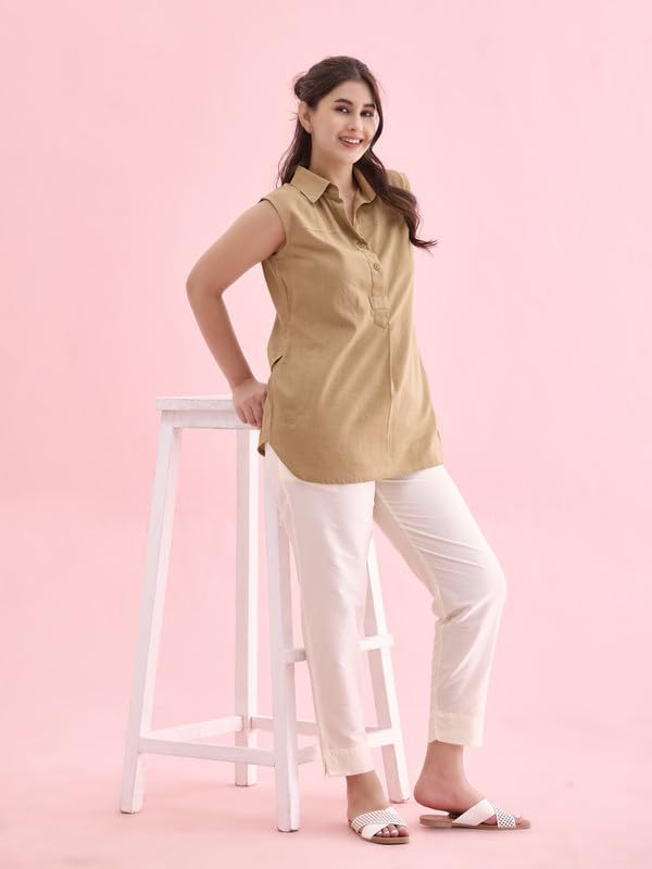 GO COLORS Women Cream Mid Rise Tapered Fit Modal Metallic Pant