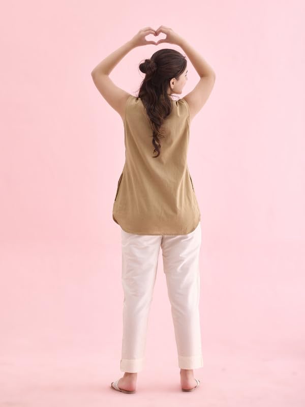 GO COLORS Women Cream Mid Rise Tapered Fit Modal Metallic Pant