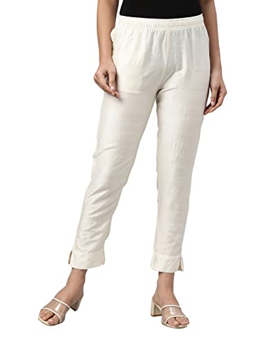 GO COLORS Women Cream Mid Rise Tapered Fit Modal Metallic Pant