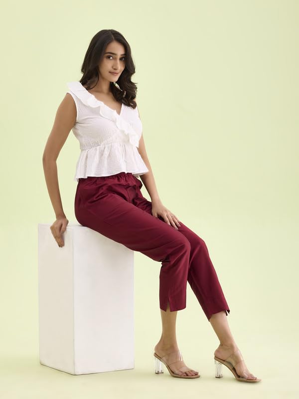 GO COLORS Women Maroon Mid Rise Tapered Fit Modal Metallic Pant