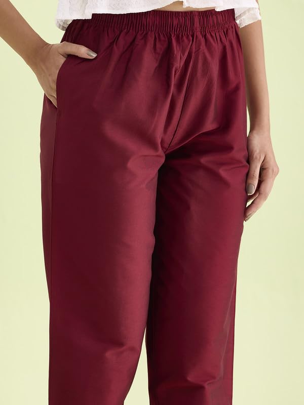 GO COLORS Women Maroon Mid Rise Tapered Fit Modal Metallic Pant