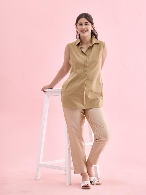GO COLORS Women Medium Gold Solid Mid Rise Metallic Pants