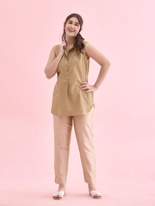 GO COLORS Women Medium Gold Solid Mid Rise Metallic Pants