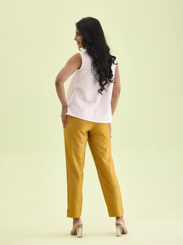 GO COLORS Women Mustard Mid Rise Tapered Fit Modal Metallic Pant