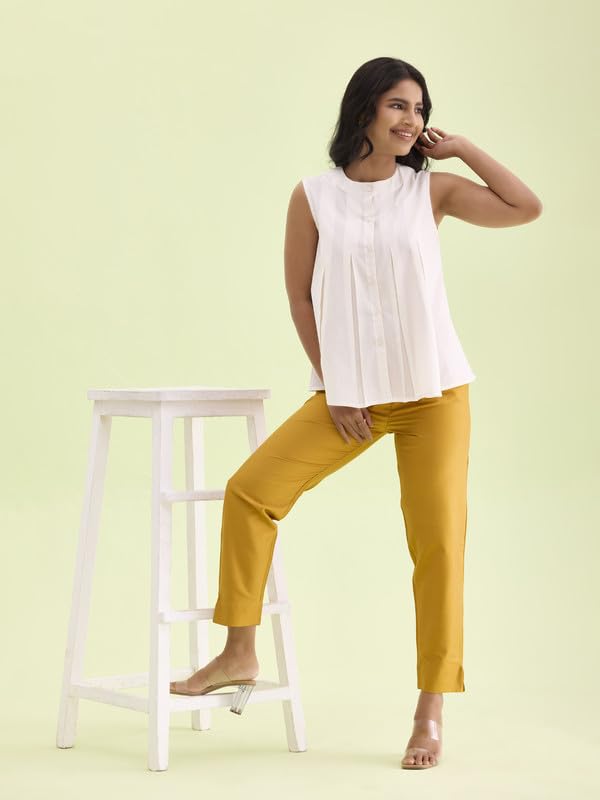 GO COLORS Women Mustard Mid Rise Tapered Fit Modal Metallic Pant