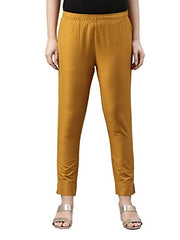 GO COLORS Women Mustard Mid Rise Tapered Fit Modal Metallic Pant