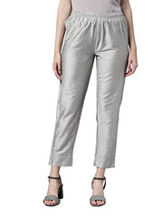 GO COLORS Women Silver Mid Rise Tapered Fit Modal Metallic Pant