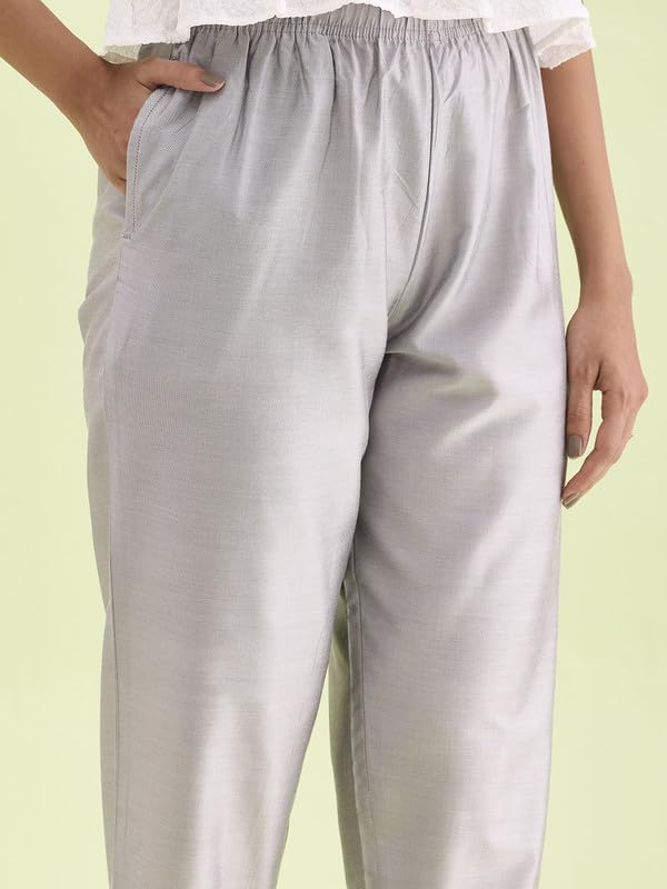 GO COLORS Women Silver Mid Rise Tapered Fit Modal Metallic Pant
