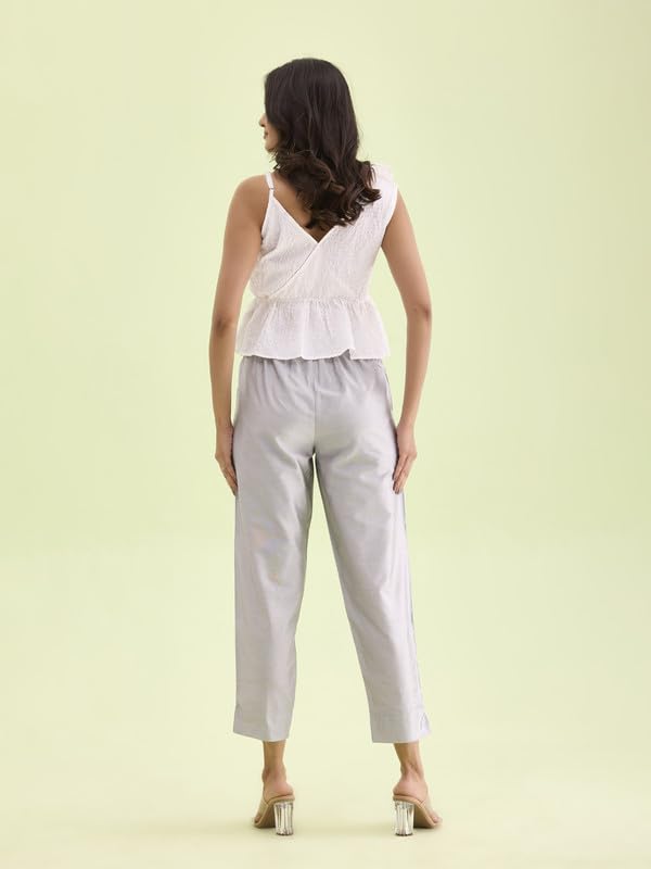 GO COLORS Women Silver Mid Rise Tapered Fit Modal Metallic Pant