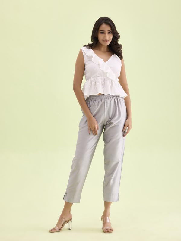 GO COLORS Women Silver Mid Rise Tapered Fit Modal Metallic Pant