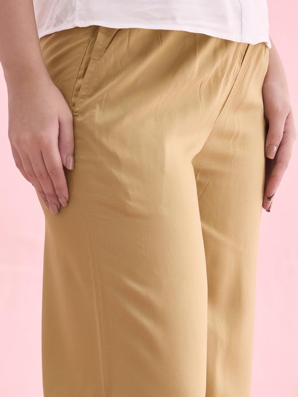 Go Colors Solid Viscose Basic Palazzo for Women | Mid Rise, Side Pockets, Wheat