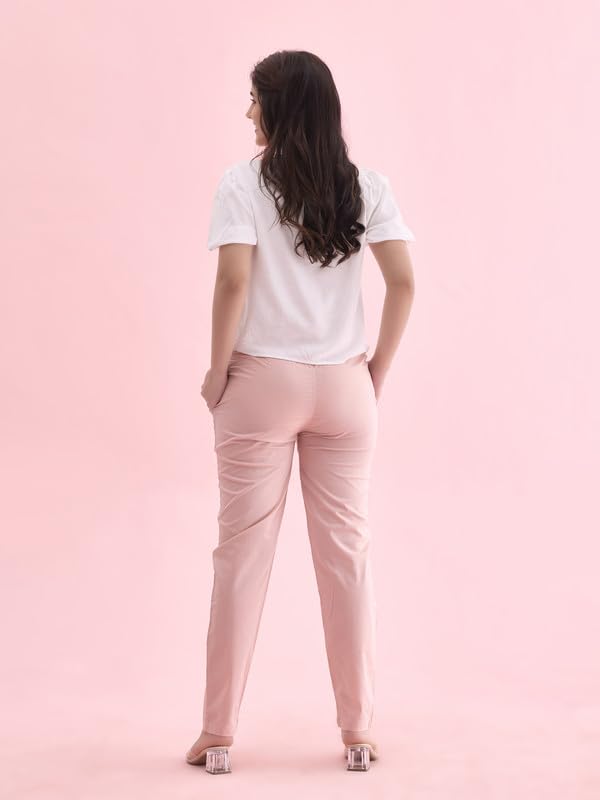 GO COLORS Women's Tapered Fit Cotton Pants (8905344116887_Light Pink_L)