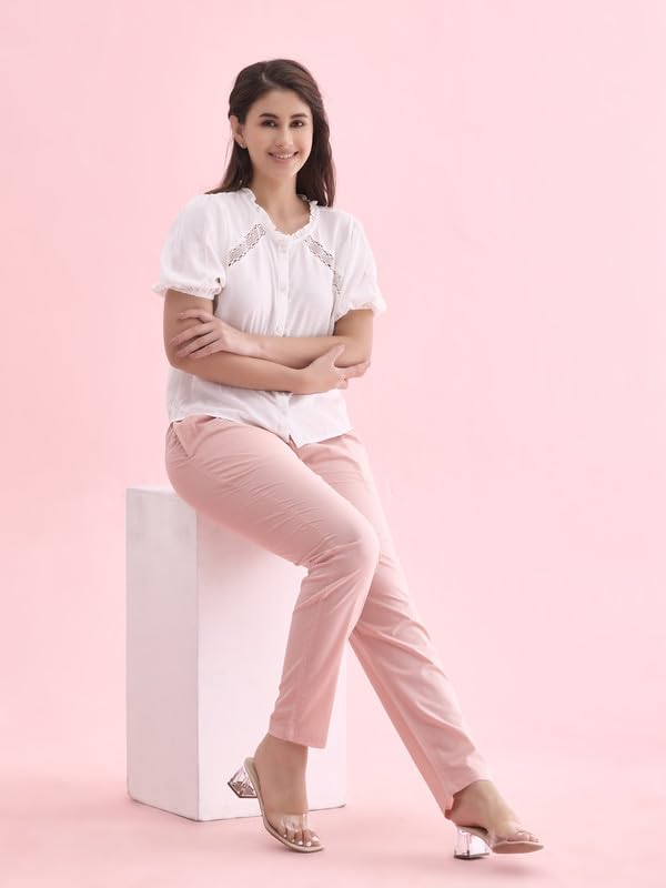 GO COLORS Women's Tapered Fit Cotton Pants (8905344116887_Light Pink_L)