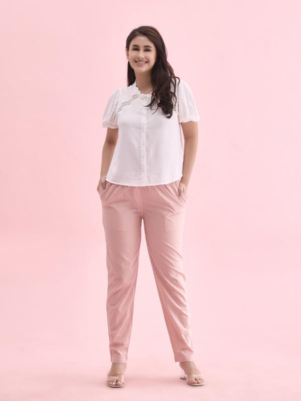 GO COLORS Women's Tapered Fit Cotton Pants (8905344116887_Light Pink_L)