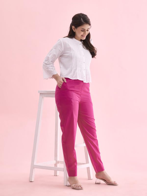 GO COLORS Women Solid Dark Rose Mid Rise Cotton Pants - S