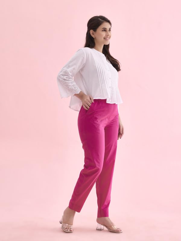 GO COLORS Women Solid Dark Rose Mid Rise Cotton Pants - S