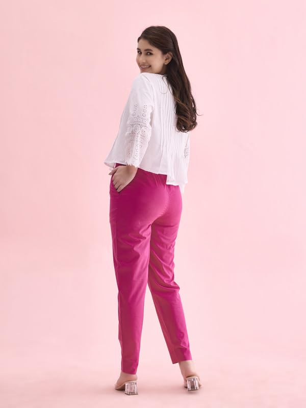 GO COLORS Women Solid Dark Rose Mid Rise Cotton Pants - S