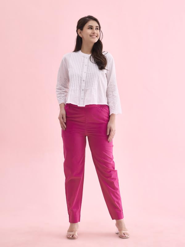GO COLORS Women Solid Dark Rose Mid Rise Cotton Pants - S