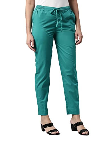 GO COLORS Womens Tapered Fit Cotton Cotton Pants (Peacock Green_L)
