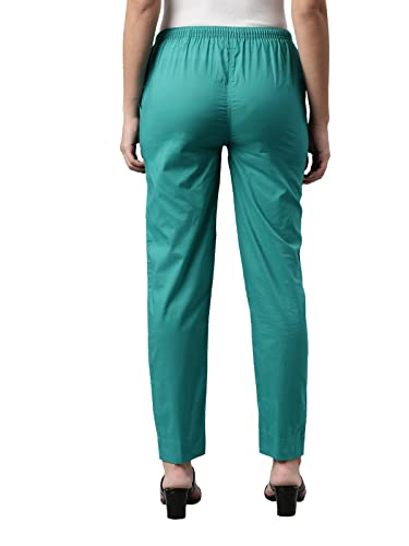 GO COLORS Womens Tapered Fit Cotton Cotton Pants (Peacock Green_L)