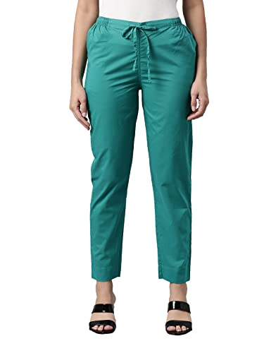 GO COLORS Womens Tapered Fit Cotton Cotton Pants (Peacock Green_L)