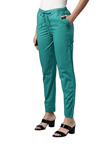 GO COLORS Womens Tapered Fit Cotton Cotton Pants (Peacock Green_L)