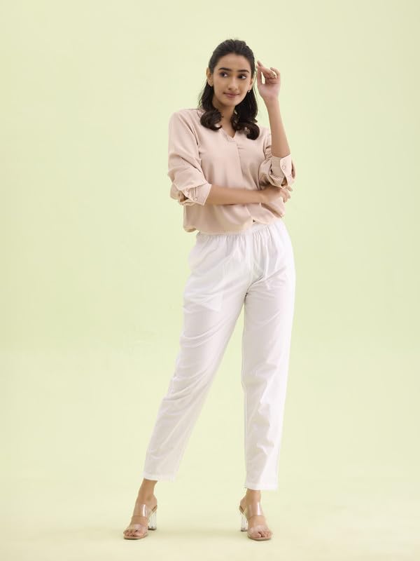 GO COLORS Women's Tapered Fit Cotton Pants (8905344119208_White_L)