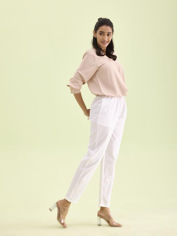 GO COLORS Women's Tapered Fit Cotton Pants (8905344119208_White_L)