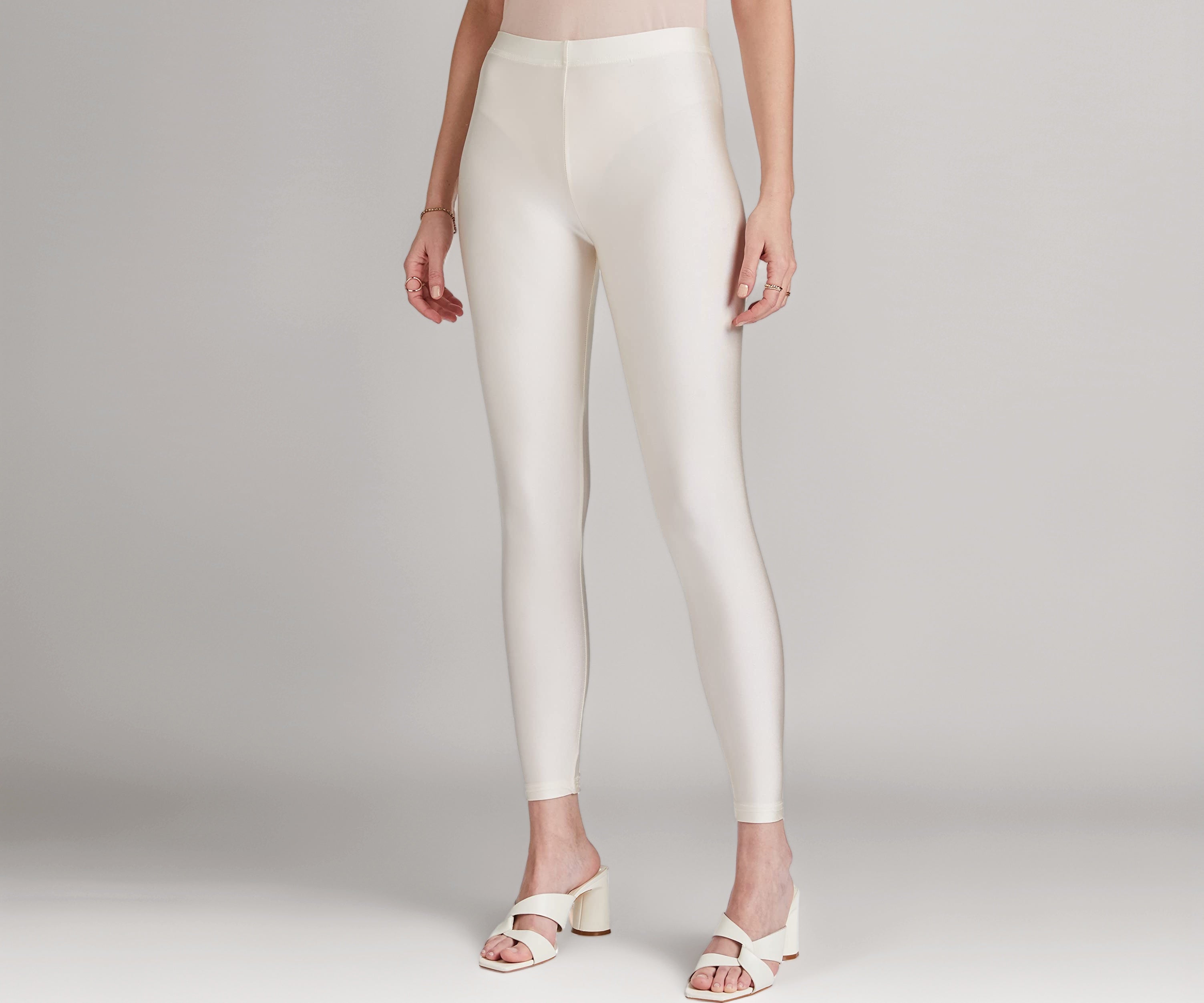 GO COLORS Shimmer Ankle Length Leggings for Women | Smooth Nylon Finish, Mid Rise, Cream