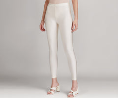 GO COLORS Shimmer Ankle Length Leggings for Women | Smooth Nylon Finish, Mid Rise, Cream