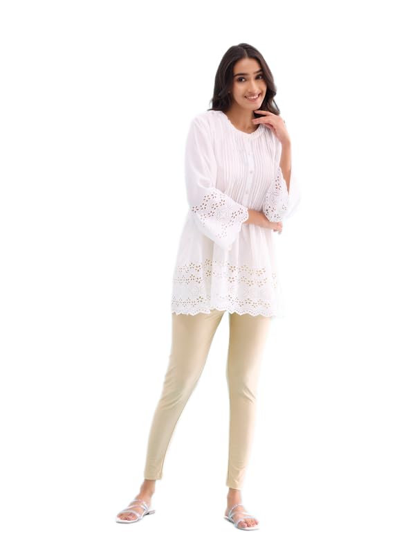 GO COLORS Shimmer Ankle Length Leggings for Women | Smooth Nylon Finish, Mid Rise, Dark Cream