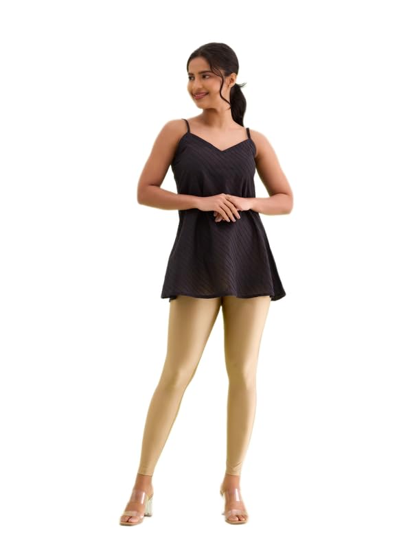 GO COLORS Shimmer Ankle Length Leggings for Women | Smooth Nylon Finish, Mid Rise, Deep Gold