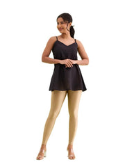 GO COLORS Shimmer Ankle Length Leggings for Women | Smooth Nylon Finish, Mid Rise, Deep Gold
